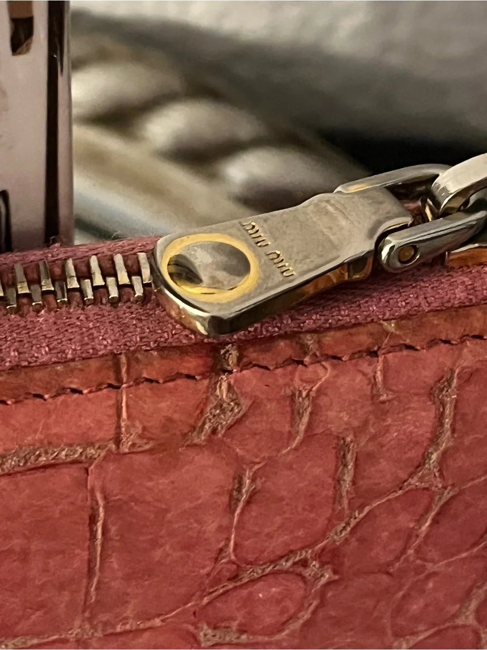 Miu Miu Croc-Embossed Pink Wristlet Wallet with Gold Logo